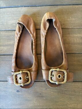 Miu Miu Tan Leather Buckle Ballet Flats